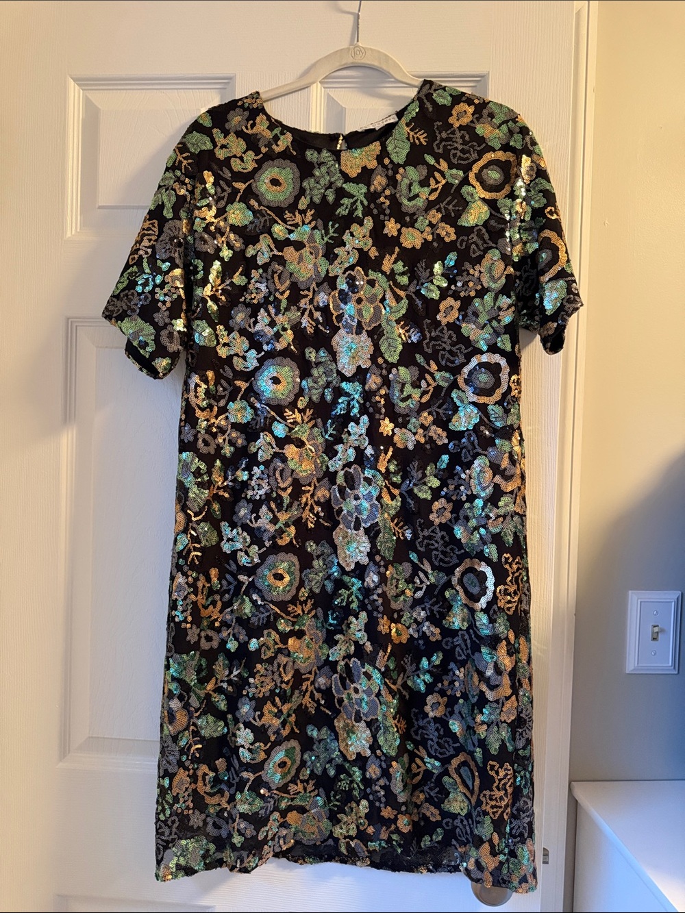Baltic Born Black Sequin Floral Shift Dress with Green & Gold Accents